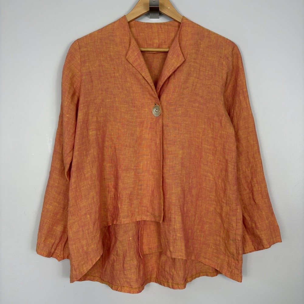 Vtg HEYDARI Women's Linen Top Asymmetric Sz Small Orange Lagenlook